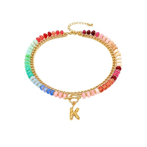 Colorful Beaded Bubble Letter Necklace For Women, Boho Double Layer Dopamine Rainbow Resin Beads Thick Cuban Chain Chunky With Initials Pendant Necklaces Summer Beach Jewelry Gift ﻿ - color: Dop K