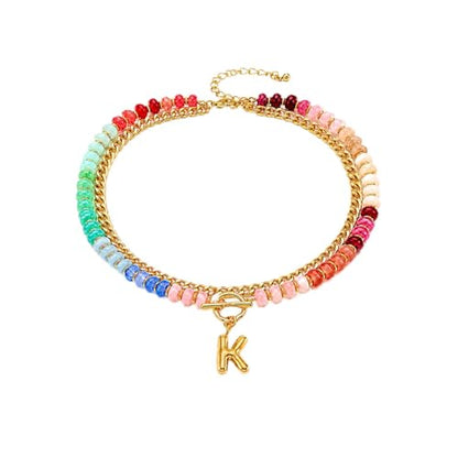Colorful Beaded Bubble Letter Necklace For Women, Boho Double Layer Dopamine Rainbow Resin Beads Thick Cuban Chain Chunky With Initials Pendant Necklaces Summer Beach Jewelry Gift ﻿ - color: Dop K