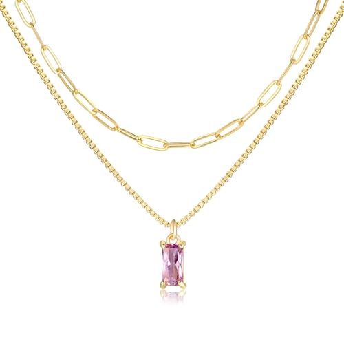 Dainty Gold Charm Necklaces for Women Non Tarnish, 14K Trendy Blue Green Cubic Zirconia Emerald Pendant Birthstone Necklaces Birthday Gifts for Women Waterproof Jewelry - color: 06-June(Alexandrite)