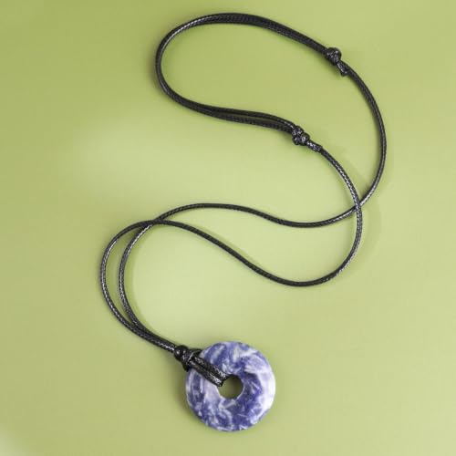 FANASY Natural Gemstone Pendant Necklce Lucky Coin Crystal Necklace Protection Donut Pendnat with Adjustable Rope for Men Women - color: Blue Spot Jasper