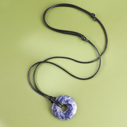 FANASY Natural Gemstone Pendant Necklce Lucky Coin Crystal Necklace Protection Donut Pendnat with Adjustable Rope for Men Women - color: Blue Spot Jasper