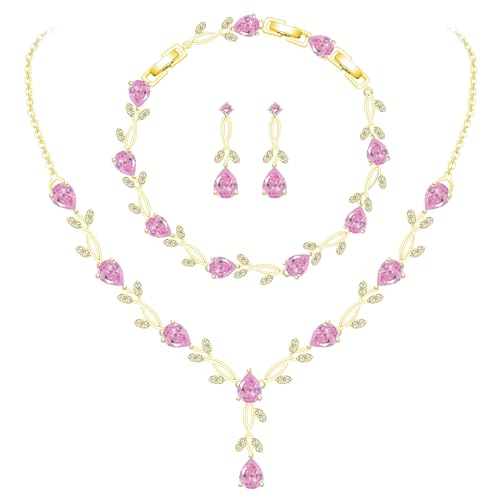 GZWHD Wedding Jewelry Sets for Bride Bridesmaid Women Cubic Zirconia Necklace Earrings Bracelet Set Gift for Mother Friend Wife Daughter Sister Party Prom Jewelry - color: Gold-Pink