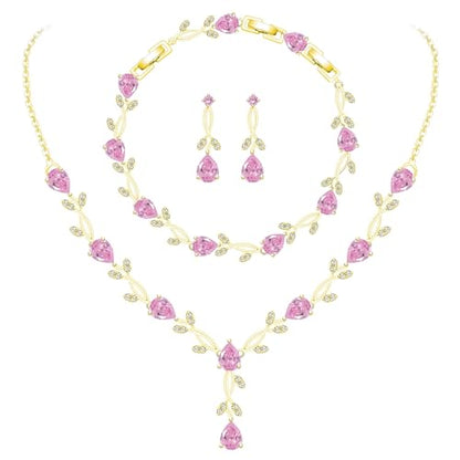 GZWHD Wedding Jewelry Sets for Bride Bridesmaid Women Cubic Zirconia Necklace Earrings Bracelet Set Gift for Mother Friend Wife Daughter Sister Party Prom Jewelry - color: Gold-Pink