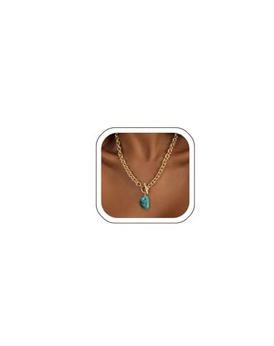 IMBOS 14K Gold Plated Chunky Chain Choker Necklaces for Women Chunky Gold Necklace Tennis Necklace for Women CZ Love Chain Cuban Link Choker Jewelry Gifts - color: Gold-Turquoise Necklace