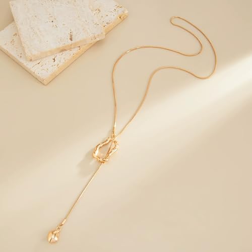 Trendy Long Gold or Silver Teardrop Tassel Y Necklace, Delicate Hollow Irregular Geometric Necklaces for Women Punk Party Charm Statement Jewelry Gift - color: Gold 2