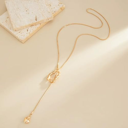 Trendy Long Gold or Silver Teardrop Tassel Y Necklace, Delicate Hollow Irregular Geometric Necklaces for Women Punk Party Charm Statement Jewelry Gift - color: Gold 2