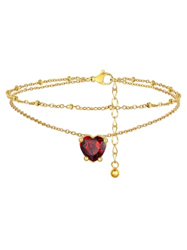 FindChic Bling Heart Birthstone Anklets Layered Beaded Ankle Bracelets for Women Gold/Black/Silver 12 Month Gem Colors Foot Chain Summer Jewelry for Girls, with Gift Box - color: Gold, style: 01. Jan.-Created Garnet (Prong Setting)