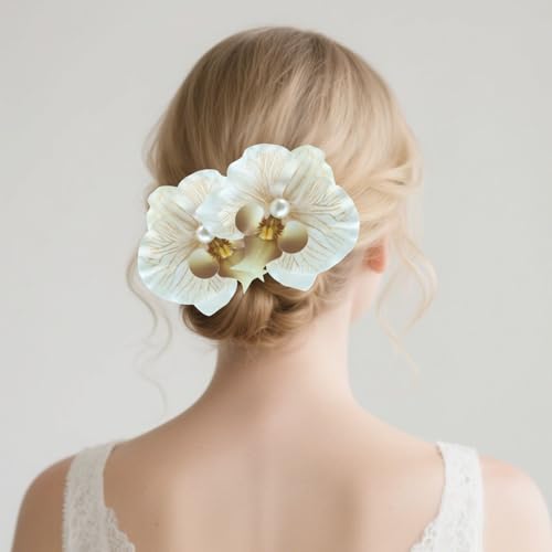 Bohemian Artificial Orchid Hair Clips, 2 Pack Floral Alligator Barrettes, Hawaiian Style Hairpins, 3.54 inch Pearl Decorated Flower Accessories Summer Beach Wedding Floral Headwear (Khaki) - color: Khaki