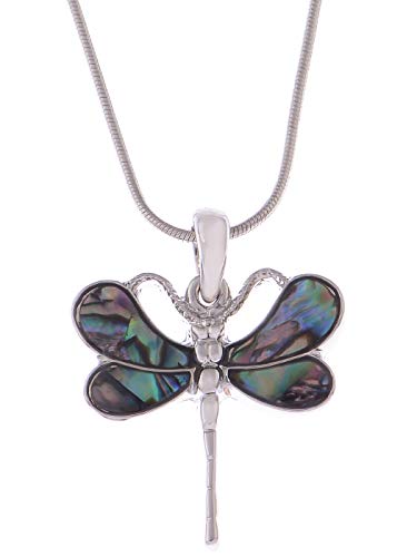 Alilang Silver Tone Abalone Colored Stone Butterfly Insect Wings Pendant Necklace - color: Dragonfly
