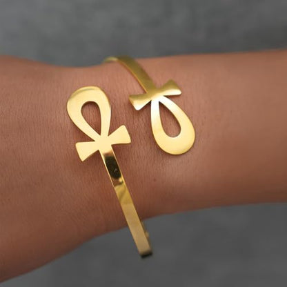 Gold Statement Cuff Bracelet Ankh Cross - Waterproof Stainless Steel Open Bangle Hypoallergenic Egyptian Key of Life Jewelry, Adjustable Protection Amulet for Women Men - color: Gold Statement Double Ankh