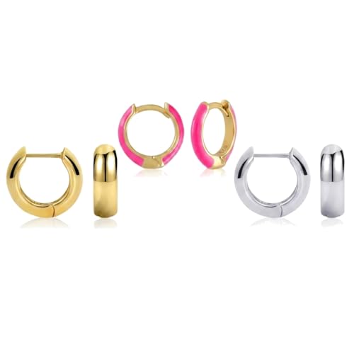 14K Gold Plated Sterling Silver Enamel Color Huggie Hoop Earrings for Women – Wide Range of Vibrant Color Options Available - color: Neon Pink 3pc Huggie Bundle