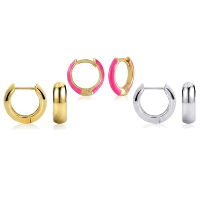 14K Gold Plated Sterling Silver Enamel Color Huggie Hoop Earrings for Women – Wide Range of Vibrant Color Options Available - color: Neon Pink 3pc Huggie Bundle