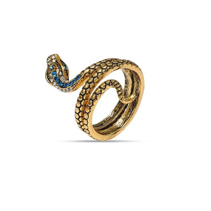 Stainless Steel Snake Ring for Men & Women Adjustable Serpent Wrap Ring with Green Blue Crystal Eye, Vintage Gothic Biker Jewelry, Non-Tarnish Open Band Statement Fashion Accessory Gift - style: Gold Snake