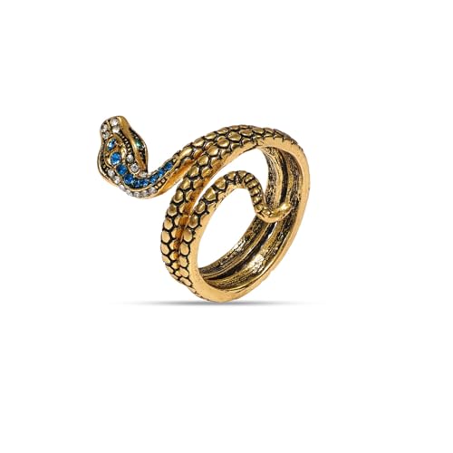 Stainless Steel Snake Ring for Men & Women Adjustable Serpent Wrap Ring with Green Blue Crystal Eye, Vintage Gothic Biker Jewelry, Non-Tarnish Open Band Statement Fashion Accessory Gift - style: Gold Snake