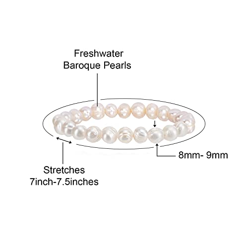 Savlano 8-9MM Cultured Freshwater Baroque Pearl Stretch Bracelet 7 Inches. Available In a Range of Beautiful Colors, For Women Comes with Gift Box - color: White