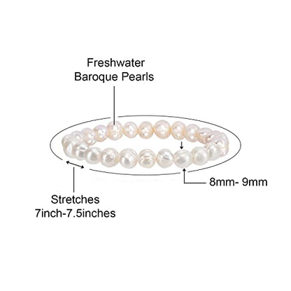 Savlano 8-9MM Cultured Freshwater Baroque Pearl Stretch Bracelet 7 Inches. Available In a Range of Beautiful Colors, For Women Comes with Gift Box - color: White