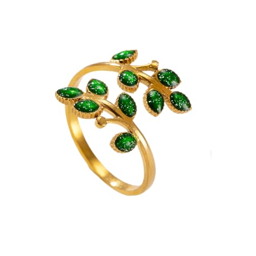 18K Gold Plated Floral Leaf Ring for Women Promise Engagement Open Ring Adjustable Wrap Colorful Jewelry Gift - color: Green