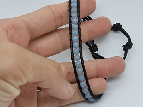 Handmade Alloy Leather Natural Stone Bead Statement Bracelet Bangle Cuff Rope 3 Wrap Adjustable Jewelry Collection - color: Blue Angle&1 Wrap Black Leather