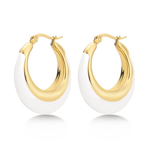 Milan Chiva Acrylic Gold Hoop Statement Dainty Summer Earrings | Brown Resin Chunky Huggie Vintage Earrings | Clear Enamel Drop Earring Lightweight Hypoallergenic Trendy Jewelry Gifts for Women - color: Enamel-White