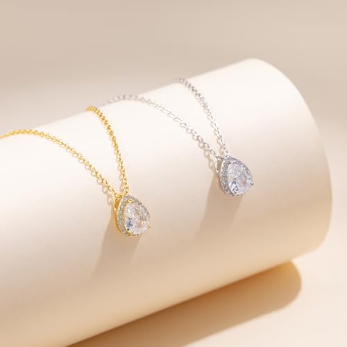 S925 Sterling Silver 14K Gold Necklace for Women Teardrop Cubic Zirconia Dainty Necklace Imitation Diamond Pear Cut CZ Pendant Necklaces for Women 18+2 Inch Jewelry Gift for Her - color: Gold