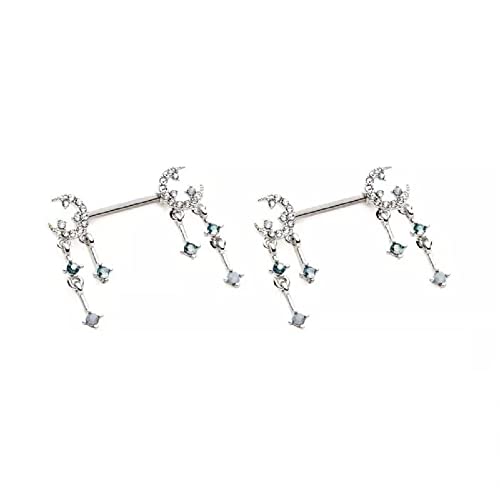 Pierced Owl 14GA 316L Stainless Steel Gemmed Crescent Moon and Star with Dangling Charms Nipple Barbells, Sold as a Pair - style: Silver Tone