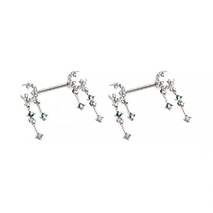 Pierced Owl 14GA 316L Stainless Steel Gemmed Crescent Moon and Star with Dangling Charms Nipple Barbells, Sold as a Pair - style: Silver Tone