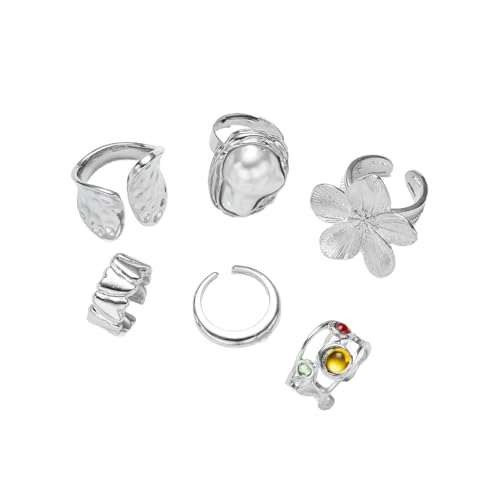 3/6 PCS Silver Chunky Pearl Rings Set for Women Gold Baroque Pearl Flower Open Ring Adjustable Crystal Large Ring Set Personalized Statement Knuckle Rings Fashion Costume Jewelry Accessories - color: crystal silver