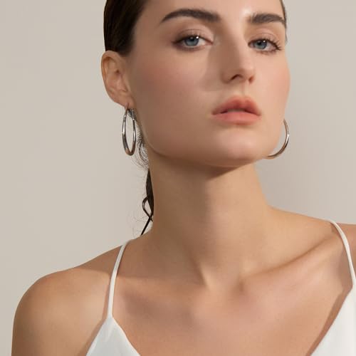 Lightweight Oval Hoop Earrings for Women - 14K Gold Plated, Rose Gold Plated and Sterling Silver Plated Large Oblong Hoop Earrings for Women Statement Jewelry Gift - color: silver