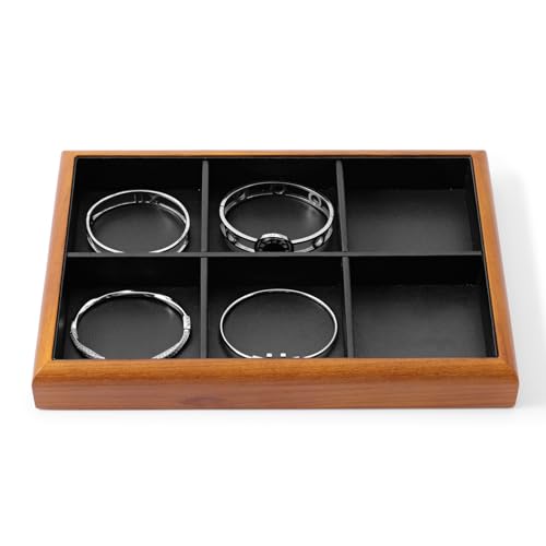 Oirlv Black Wood Jewelry Tray 6-Compartment | Black Solid Wood Frame, Soft Leather Lining, 9.84X17X1.18in, Holds Rings/Earrings/Bracelets, Sturdy and Attractive - color: Black, size: 6 grid