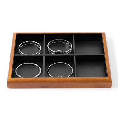 Oirlv Black Wood Jewelry Tray 6-Compartment | Black Solid Wood Frame, Soft Leather Lining, 9.84X17X1.18in, Holds Rings/Earrings/Bracelets, Sturdy and Attractive - color: Black, size: 6 grid