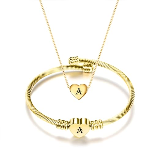 MYNENEY Necklace and Bracelet for Women Stainless Steel Initial Jewelry Set - color: Gold-A