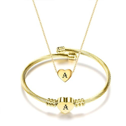 MYNENEY Necklace and Bracelet for Women Stainless Steel Initial Jewelry Set - color: Gold-A