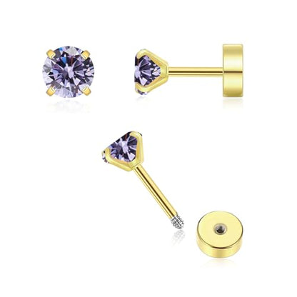 Flatback CZ Helix Earrings for Women Girls,3mm Tiny Screw Back Birthstone Stud Earrings Cartilage Tragus Piercing Jewelry Gift