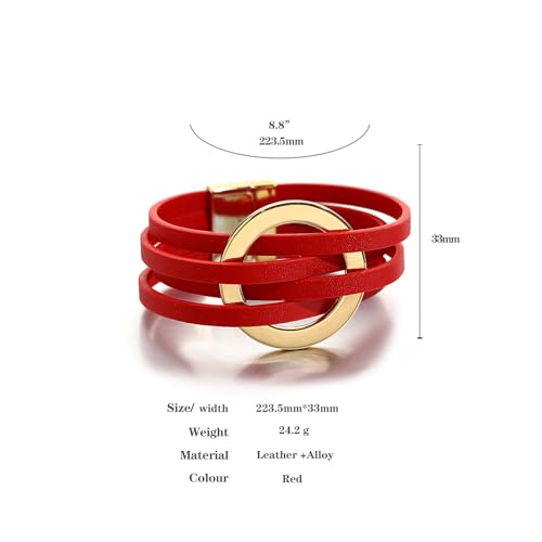 hotoo Circle Charm Bracelets for Women Handmade Leather Wrap Bracelets for Couples Friendship Bracelet Bohemian Cuff Bangle Boho Jewelry Gift - color: New Red