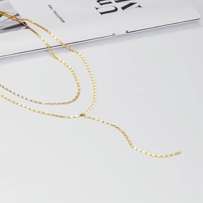 Dcfywl731 Minimal Dainty Gold Plated Dangle Earrings Layered Bar Pendant Neckalce Gold Long Y-Necklace Gold Earrings and Necklaces Set Delicate Lariat Chain Jewelry for Women - color: BLACK
