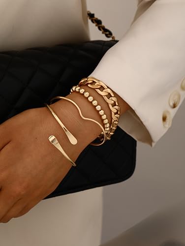 ÌF ME Gold Bangle Bracelets for Women, Indian Bangles Stackable Set, Multi Layer Textured 18K Gold Plated Chunky Bracelets Boho Jewelrys Set - style: beaded & Cuban