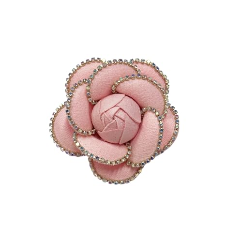Dainty Crystal Camellia Flower Brooch Pin for Women Rhinestone Fabric 3D Floral Blossom Brooches Lapel Hair Pins Elegant Wedding Anniversary Dress Accessories Jewelry Gift 6.5cm/2.5in - color: Pink