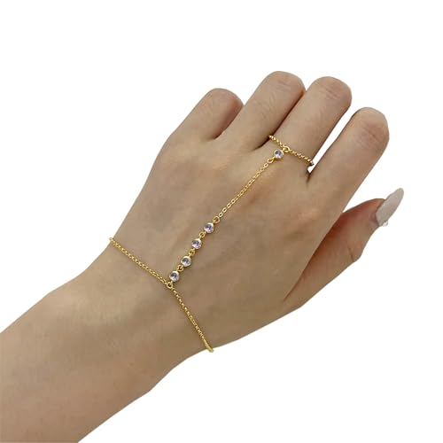 Kakikaki 925 Sterling Silver Finger Ring Bracelet Hand Chain for Women | Slave Bracelets 7" to 9" Adjustable - color: Gold, style: 5 Amethyst
