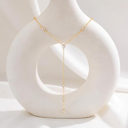CHESKY Lariat Gold Necklace for Women, Dainty Long Necklace 14k Gold Plated Y-Shaped Pendant Necklace Trendy Layered CZ Beaded Chain Drop Necklaces Simple Gold Jewelry for Women Gifts - color: 8