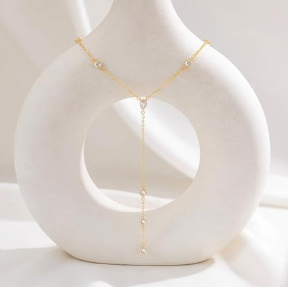 CHESKY Lariat Gold Necklace for Women, Dainty Long Necklace 14k Gold Plated Y-Shaped Pendant Necklace Trendy Layered CZ Beaded Chain Drop Necklaces Simple Gold Jewelry for Women Gifts - color: 8