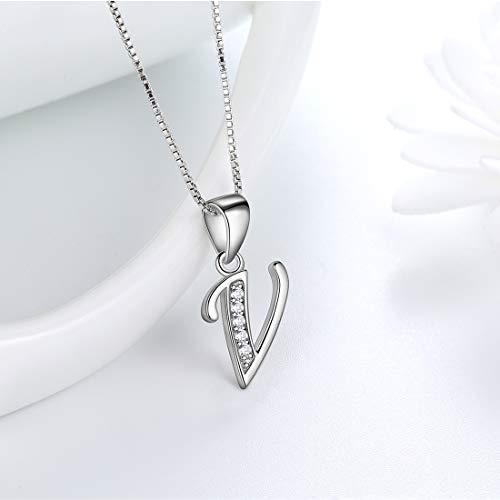 Aurora Tears Letter Necklace Initial 925 Sterling Silver Alphabet Pendant Crystal Name Gift Women Cubic Zirconia Jewelry - color: V