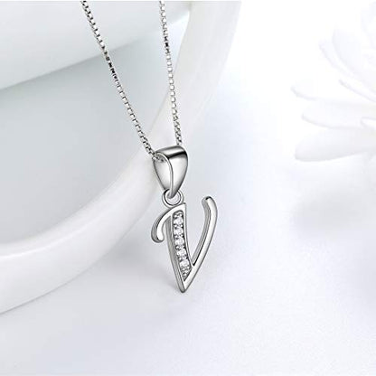 Aurora Tears Letter Necklace Initial 925 Sterling Silver Alphabet Pendant Crystal Name Gift Women Cubic Zirconia Jewelry - color: V