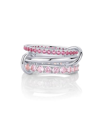 PAVOI 14K Gold Plated Interlocking Ring for Women - Chunky Connected Bands Interlock Stackable Rings for Women - Trendy Cubic Zirconia Two Tone Interlocked Multi-Band Statement Jewelry - style: Chunky Bands & Fuschia CZ - White Gold