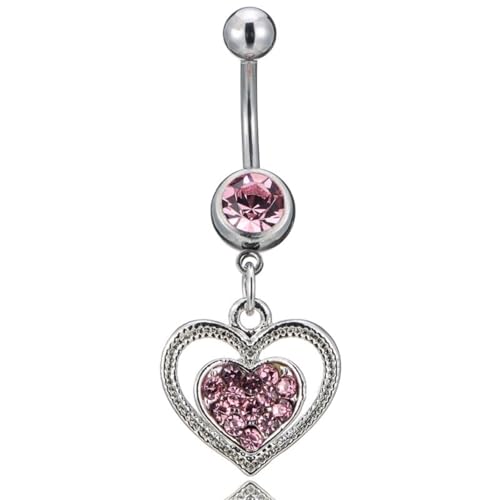 Heart Shape Crystal Belly Button Ring for Women Stainless Steel Navel Piercing Jewelry with Rhinestone Dangle Cute Summer Beach Piercing Jewelry - color: Pink