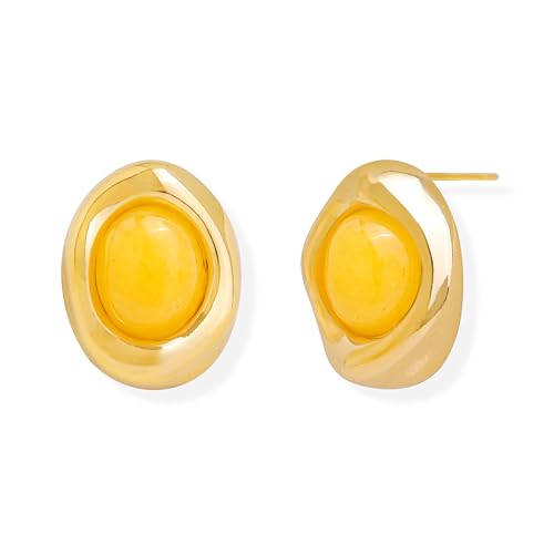 Jean Beau Chunky Gold Stone Stud Earrings for Women, Trendy Natural Gemstone Hypoallergenic Earing Valentine Jewelry Gift - color: Canary Yellow