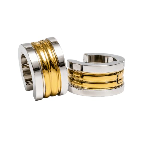 Huggie Hinged Hoop Earrings, Stainless Steel, Classic, mens womens, Cool - color: Gold with Silver Stripes