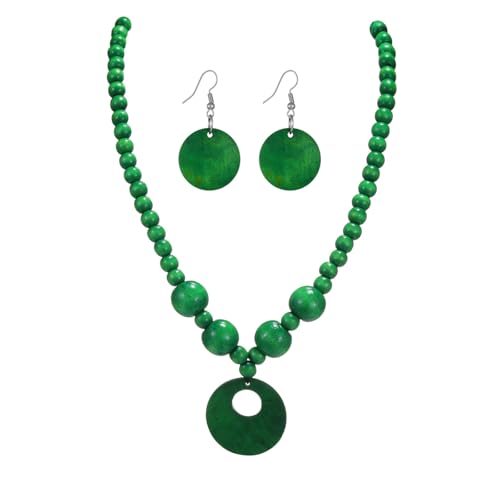 LOTSOF Boho Wooden Beaded Necklace and Earring Set for Women, Bohemian Chunky Statement Costume Jewelry, Round Drop Pendant Retro Ethnic Accessories Ladies Gift - color: Green