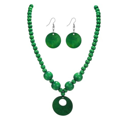 LOTSOF Boho Wooden Beaded Necklace and Earring Set for Women, Bohemian Chunky Statement Costume Jewelry, Round Drop Pendant Retro Ethnic Accessories Ladies Gift - color: Green
