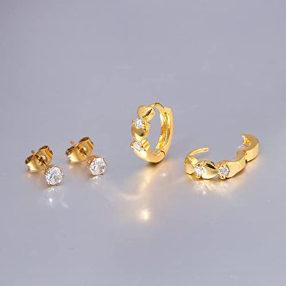 CiNily 14K White Gold Plated Small Hoop Earrings for Women Girls Heart Cubic Zirconia Hypoallergenic Earrings - color: Studs set-gold-white