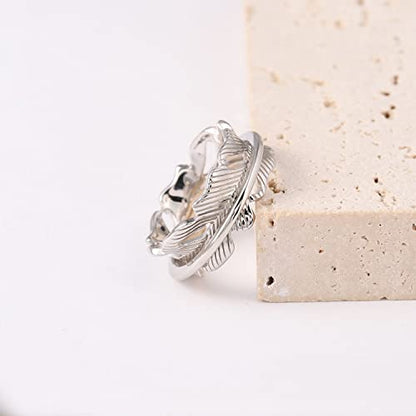 925 Sterling Silver Anxiety Ring with Beads Fidget Spinning Rings for Women Worry Beads Rings - color: feather design